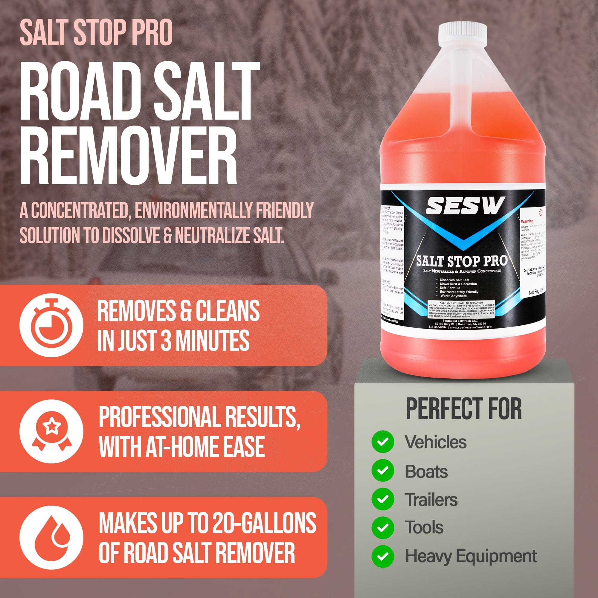 Southeast Softwash Salt Stop Pro – Best Road Salt Neutralizer & Remover for Vehicles, Equipment, Boats, and More – Safe & Eco-Friendly Concentrate